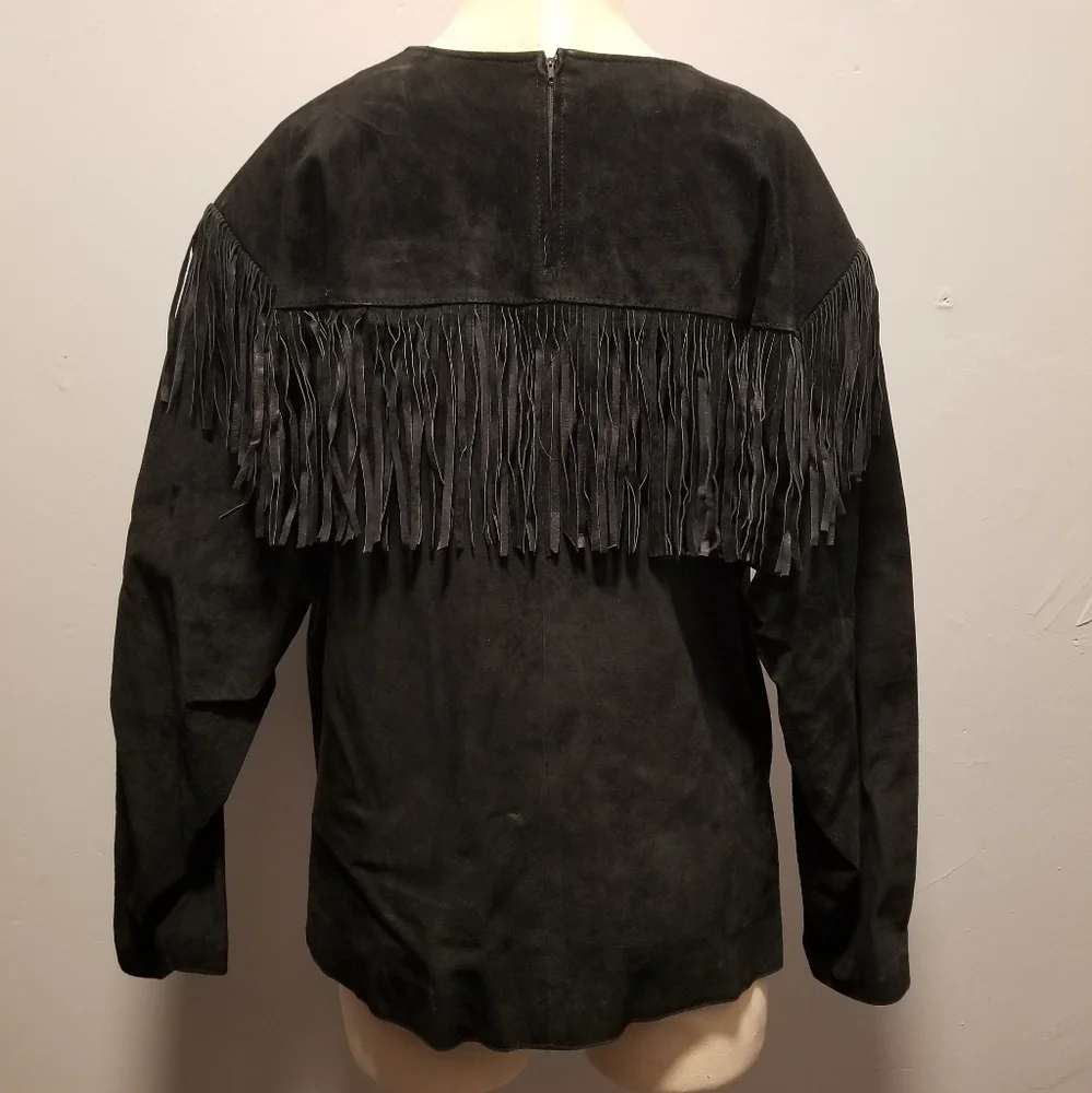 VINTAGE LEATHER JACKET PULLOVER WINDBREAKER SUEDE UNISEX FESTIVAL FRINGE HIPPIE - Picture 7 of 7